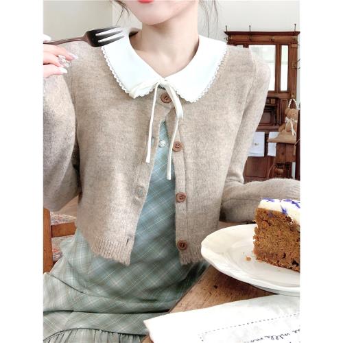 Q女家 奶栗酥/秋夏新款淺咖色6%羊毛毛衣開衫外套女外搭短款上衣