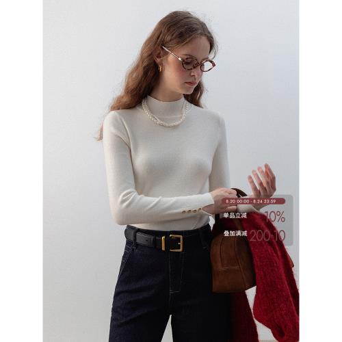 EGGKA半高領小金扣袖口開叉針織打底衫女秋季修身顯瘦長袖內搭T恤