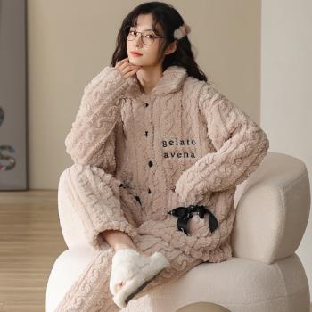 新款珊瑚絨睡衣女士秋冬季加厚加絨保暖月子服法蘭絨家居服套裝春