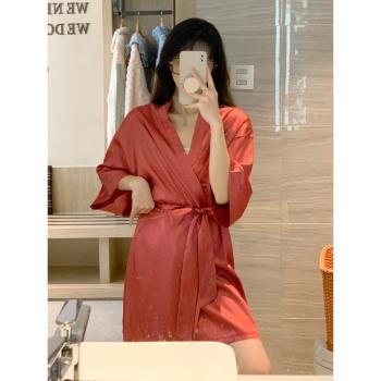 冰絲綢睡袍女款夏季本命年紅色系帶浴衣浴袍純欲風女士家居服睡衣