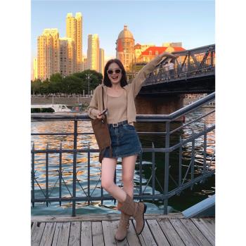 pusumede 黑色連帽針織開衫外套女寬松休閑u領吊帶背心上衣兩件套