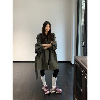 區區歐陽系帶休閑中長款風衣外套