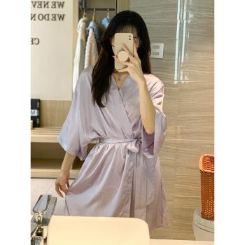 冰絲睡袍女夏季中長款純欲系帶浴衣浴袍薰衣草紫溫柔風家居服睡衣