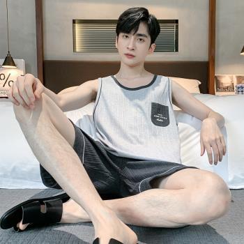 睡衣男士夏季純棉背心短褲無袖學生套裝薄款夏天青少年男款家居服