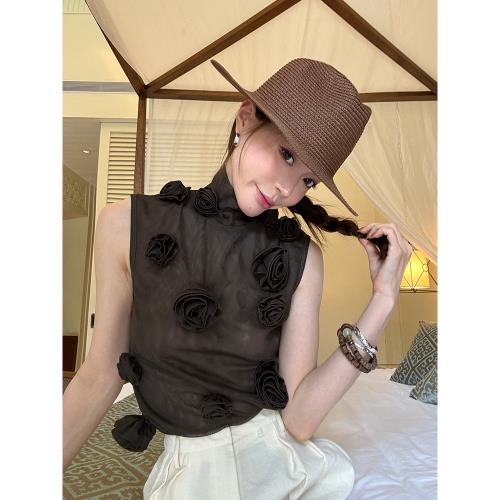 SMOL "沙倫玫瑰"重工立體花朵半高領背心設計感百搭修身顯瘦上衣