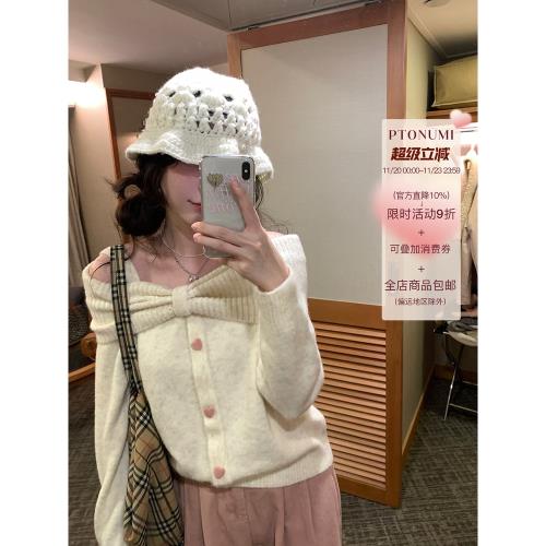 PtonUmi一字肩純欲針織蝴蝶結