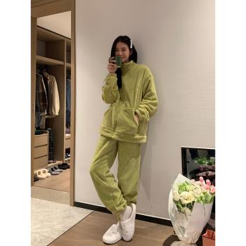 情侶睡衣女秋冬長袖套裝加絨揭陽ins風束腳可外穿珊瑚絨家居服