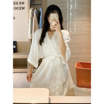 夏日冰絲睡袍女夏季薄款日系系帶浴衣浴袍純欲風女士家居服睡衣裙