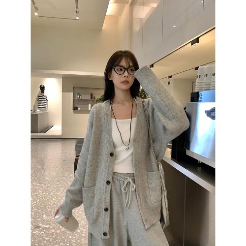 宋正恩灰色V領寬松針織開衫外套女秋冬長袖毛衣高級慵懶洋氣上衣