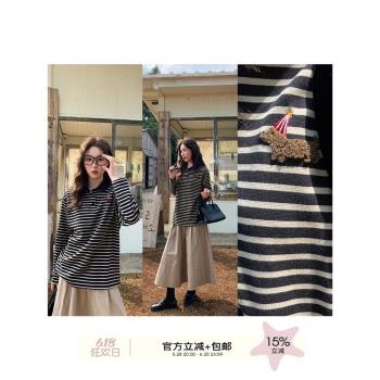 卡農娃娃領條紋長袖小狗刺繡