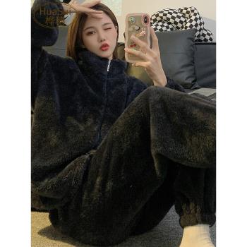 睡衣女秋冬季珊瑚絨加厚加絨拉鏈法蘭絨保暖高階感簡約家居服套裝