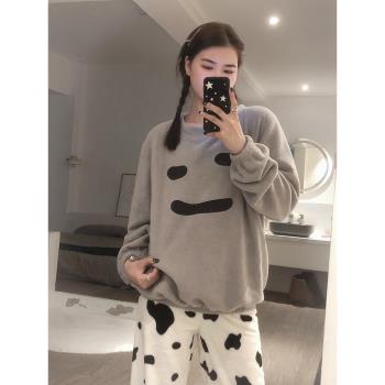 韓國卡通笑臉奶牛加厚加絨套裝ins睡衣女秋冬保暖奧粒絨長袖長褲