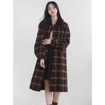 知意復古翻領格紋過膝風衣外套