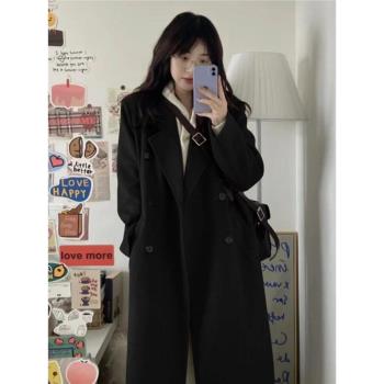 黑色羊毛呢外套女小個子中長款2024秋冬新款簡約加厚高階呢子大衣