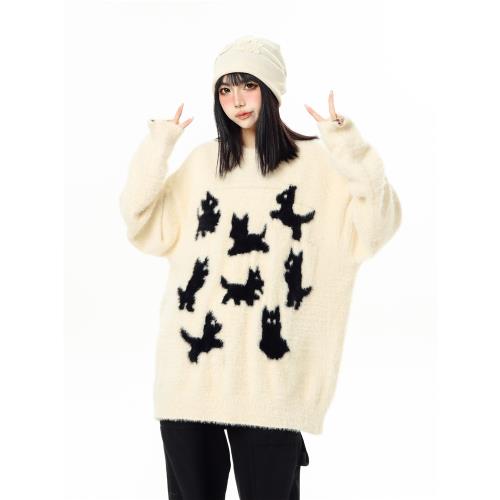 KESOAK美式圓領毛衣秋冬潮牌印花寬松慵懶風軟糯情侶套頭休閑上衣