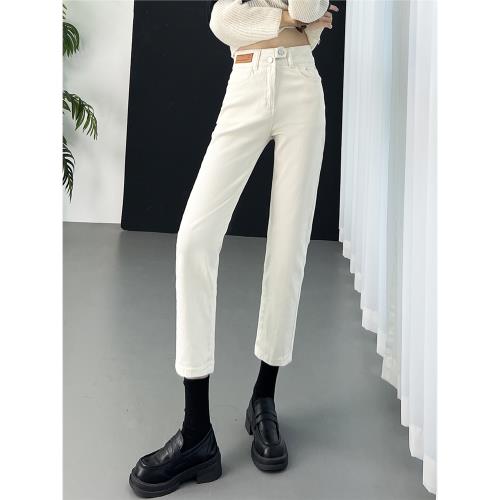 小個子穿搭褲子白色窄版直筒牛仔褲女春秋新款加絨高腰顯瘦煙管褲