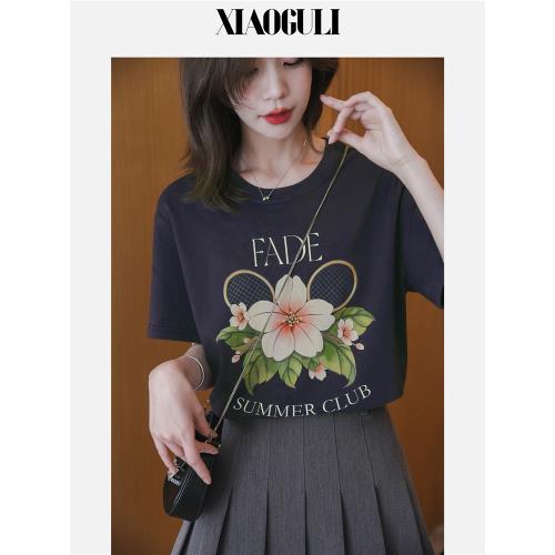 小谷粒圓領字母花朵印花短袖T恤女2025夏季新款藏藍色套頭薄上衣