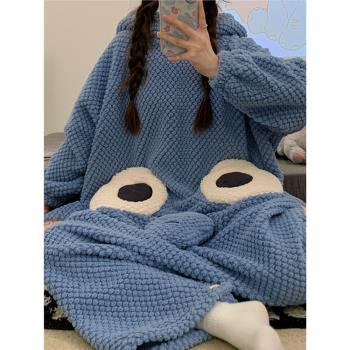 卡通大象連體連帽睡衣女士秋冬季天可愛珊瑚絨加絨加厚毛絨家居服