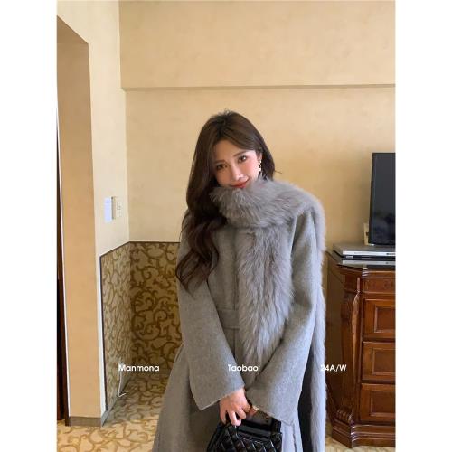 MANMONA 霧嶼臨桑 新款雙面呢大衣女長款狐貍毛皮草雙面羊絨外套