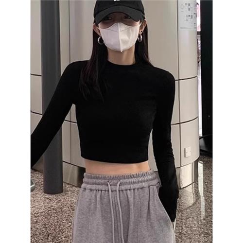 黑色高腰露臍短款打底衫t恤2025春秋修身長袖內搭時尚辣妹上衣女