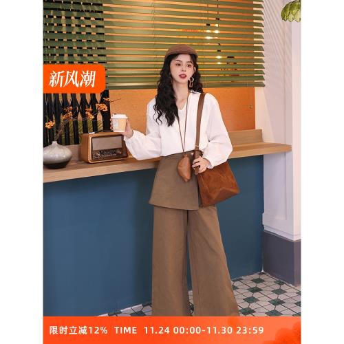 陳佳潔復古港風設計感休閑褲2024秋季新款寬松闊腿褲百搭通勤長褲