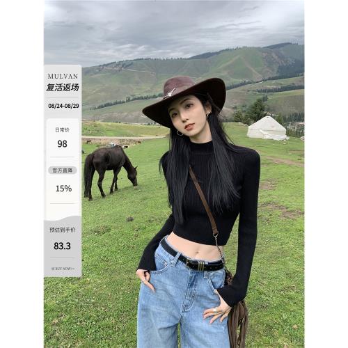 待定MULVAN黑色高領長袖針織衫女秋冬新款短款修身毛衣打底衫上衣