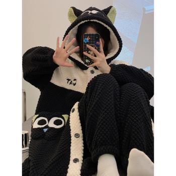 秋冬季羅小黑睡袍浴袍睡衣女珊瑚絨加絨加厚毛絨套裝可外穿家居服