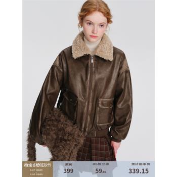 DESIGNER PLUS 美式復古皮衣外套女黑色羊羔毛領夾克加厚機車棉服