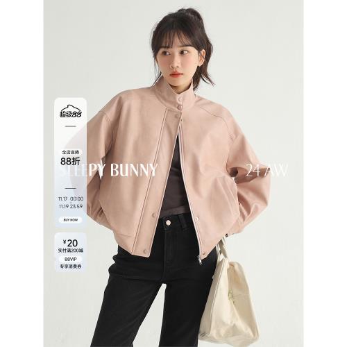 瞌睡兔pu皮外套女秋寬松休閑百搭短款防風可翻可立領落肩皮衣夾克