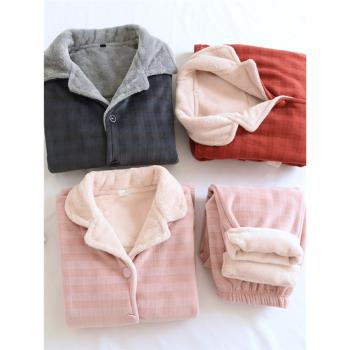 冬季珊瑚絨睡衣男女秋冬日系簡約格子加絨保暖情侶法蘭絨家居服套