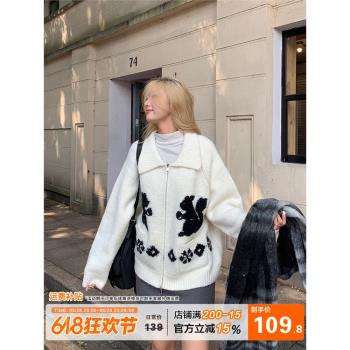 美式兔子提花翻領慵懶風拉鏈毛衣