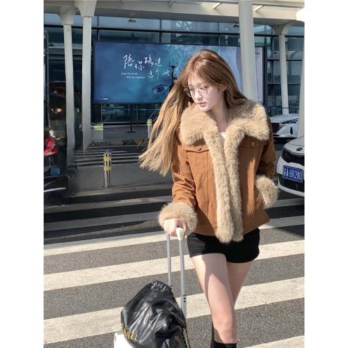 SUNIRIROR 原創設計美拉德復古棕色毛毛外套女秋冬短款牛仔棉服