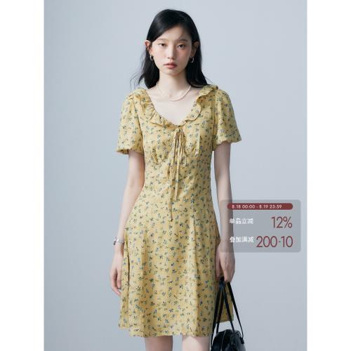 EGGKA黃色泡泡袖碎花連衣裙蝴蝶結修身時尚新款收腰V領荷葉邊裙子