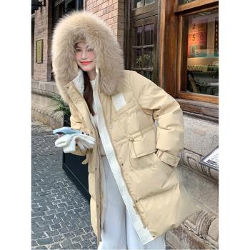 260斤胖mm中長款大毛領羽絨服