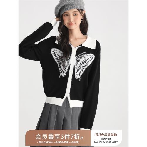愛薔薇大碼胖mm女裝翻領黑色針織衫上衣高級感2025秋冬款蝴蝶毛衣