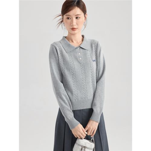 愛薔薇大碼2025秋冬新款灰色針織衫女翻領上衣女高級感長袖毛衣女