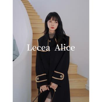 Lecea Alice海軍領毛呢外套女2024冬季新款韓版駝色雙面羊絨大衣