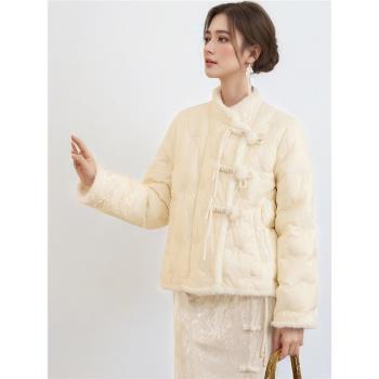 彩系花影蝶夢2024冬季新款新中式盤扣立領羽絨服白鴨絨白色短款女