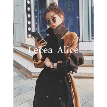 Lecea Alice韓版拼接風衣女中長款2024冬季新款加厚保暖毛呢外套