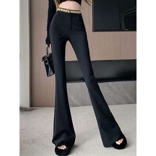 黑色微喇褲長褲加絨褲子女秋冬顯瘦高腰鑲鉆設計感時尚炸街高級感