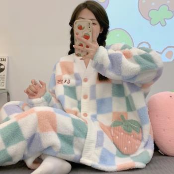 珊瑚絨睡衣女冬季長袖2022年新款法蘭絨加厚加絨秋天家居服網紅風