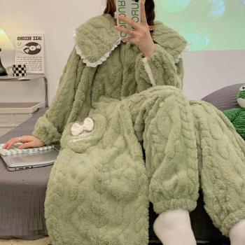 娃娃領睡衣女款秋冬季珊瑚絨睡袍保暖加絨加厚蝴蝶結家居服可外穿