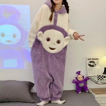 天線寶寶女生連體睡衣女秋冬款珊瑚絨加絨加厚卡通可愛法蘭絨睡裙