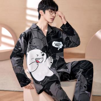 睡衣男士純棉2023年春秋四季新款長袖青年秋天薄款大碼家居服套裝