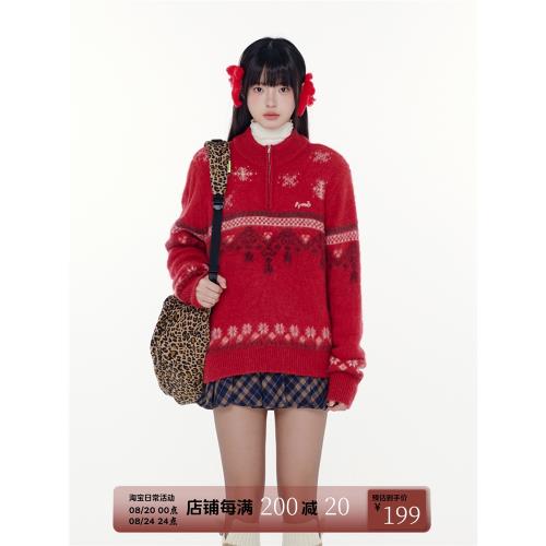FPMZ 雪花燈籠本命新年紅色甜美提花套頭提花拉鏈毛衣針織衫