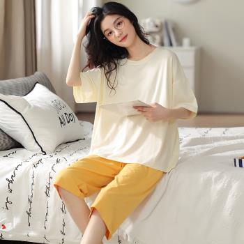 夏季睡衣女款莫代爾簡約2023年新款寬松純棉短袖七分褲家居服套裝