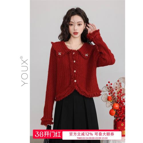 又巷【迎新日】紅色毛衣女2025年冬季新款復古海軍領短款針織開衫