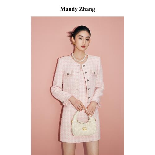 MandyZhang千金風法式粉色小香風套裝女秋季高級感氣質連衣裙外套