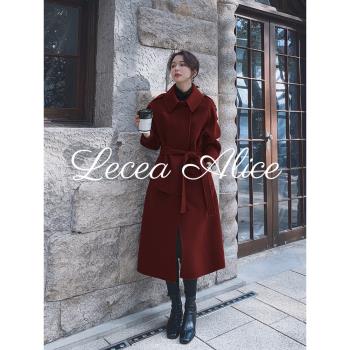 Lecea Alice雙面羊絨大衣女中長款2024冬季新款韓版收腰毛呢外套