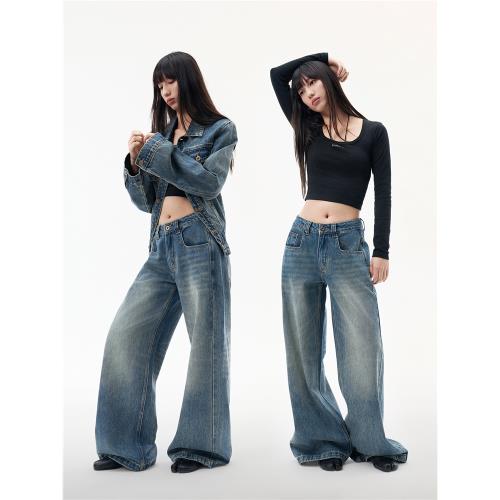 DUSKLIT復古藍低腰美式牛仔闊腿褲New Vintage辣妹寬松垂感拖地褲